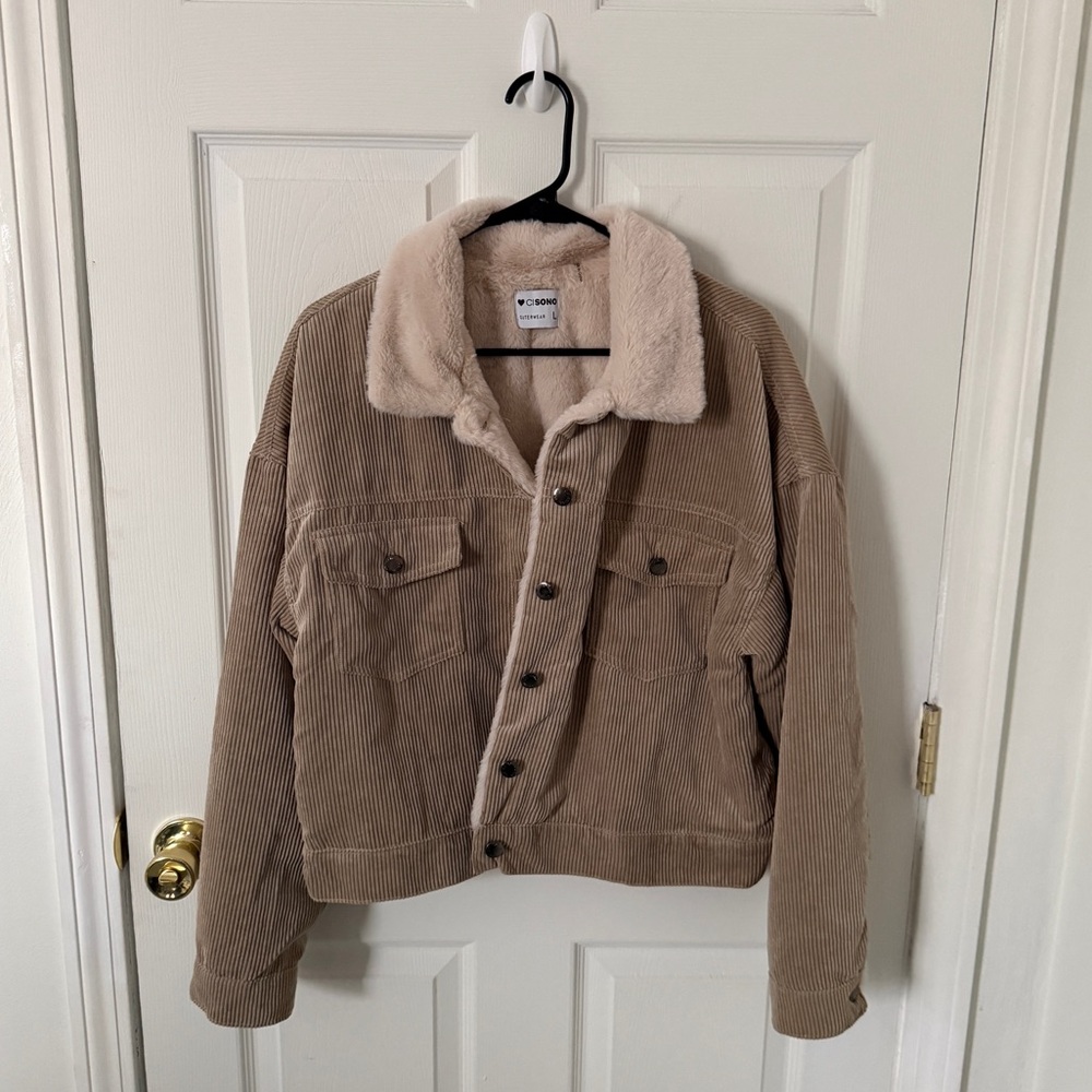 Ci Sono Tan Corduroy Sherpa Lined Cropped Jacket Large